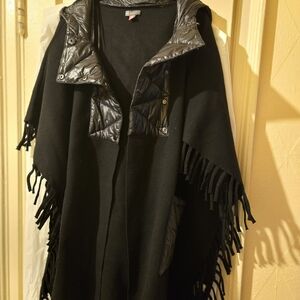 Vince Camuto Black Fringed Cape with Quilted Accents